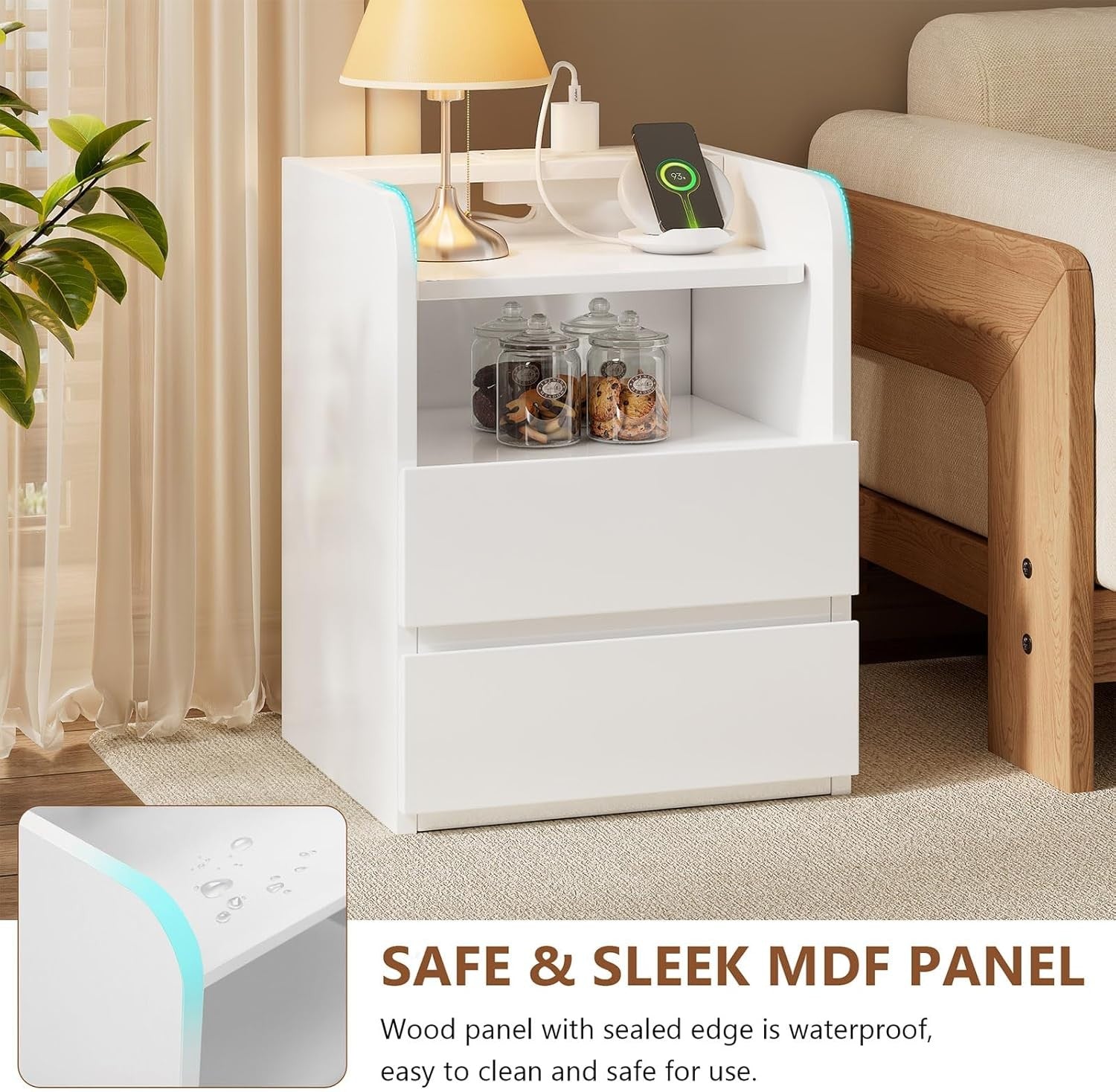 White Bedside Table with Charging Station – Modern Nightstand w/ Drawers & LED S