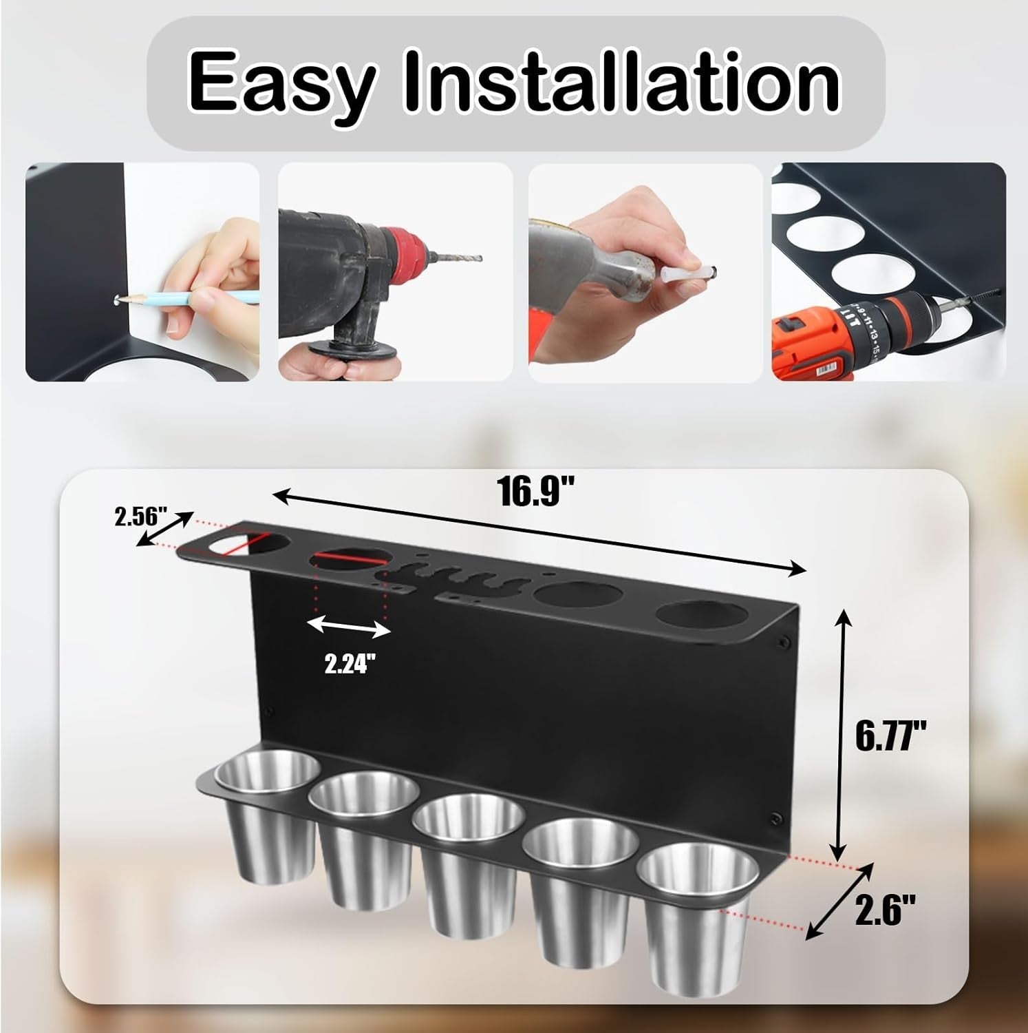 Wall-Mount Grease Gun Holder Rack Black 2 Guns 5 Drip Cups