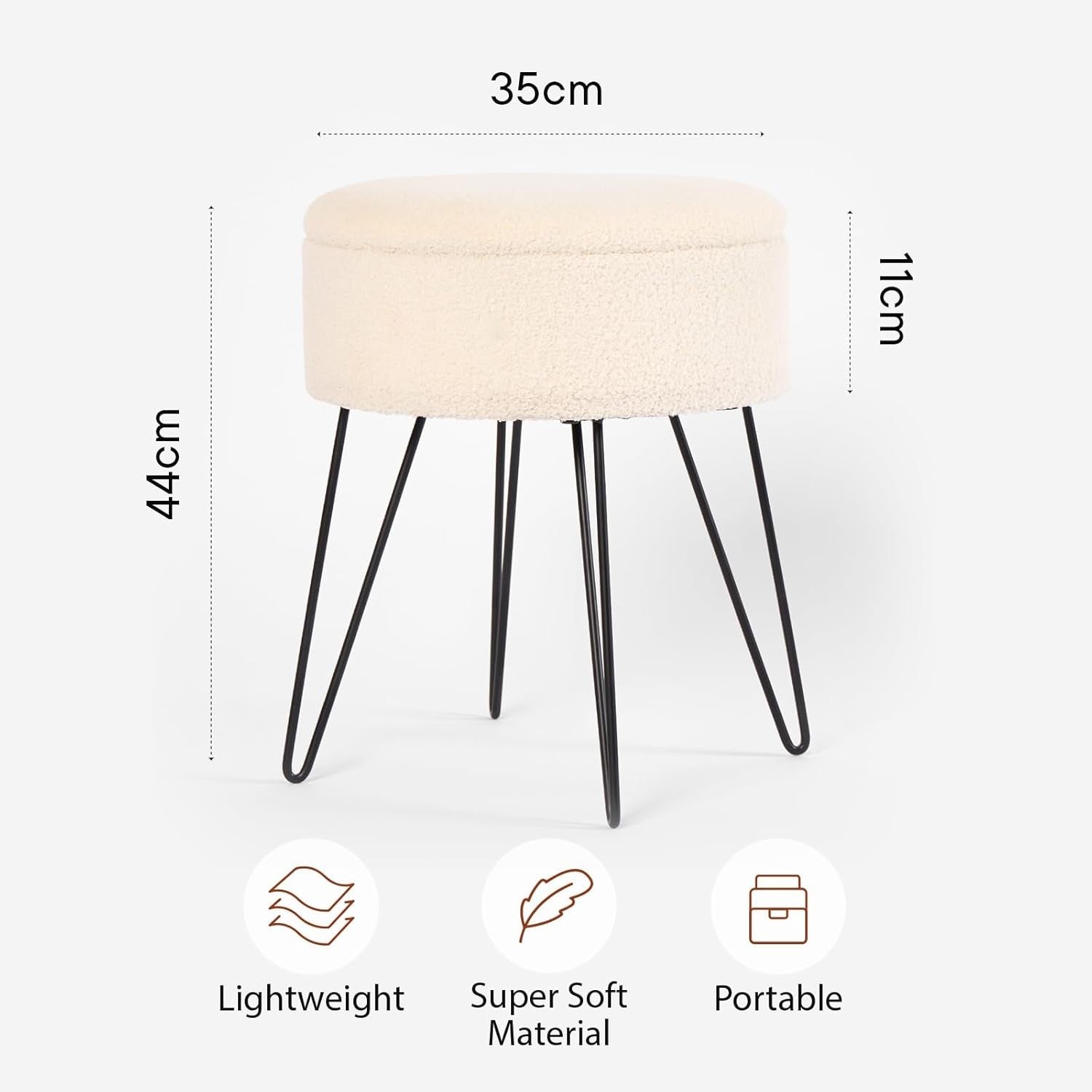 Cream Bouclé Storage Footstool Round Vanity Stool Hairpin Leg Ottoman