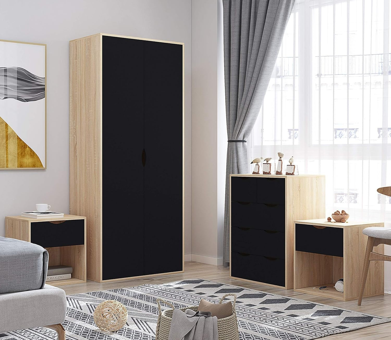 4pc Bedroom Furniture Set Wardrobe Chest Bedside Cabinet Black on Oak