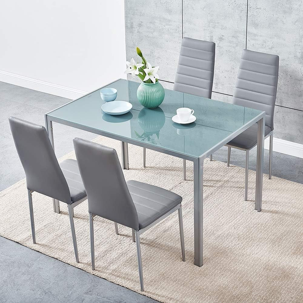 Tempered Glass Dining Table & 4 PU Leather Chairs - Modern, Durable Set