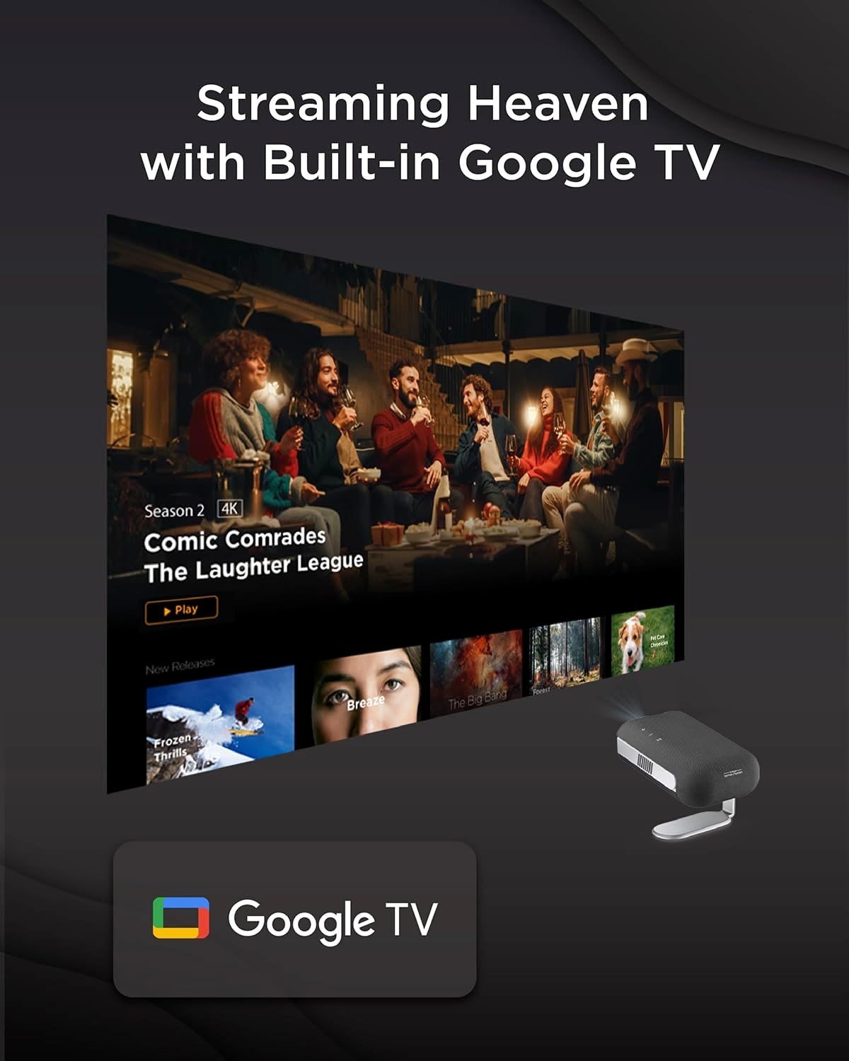 Portable 1080P Smart Projector Google TV Netflix Battery 360° Auto Focus