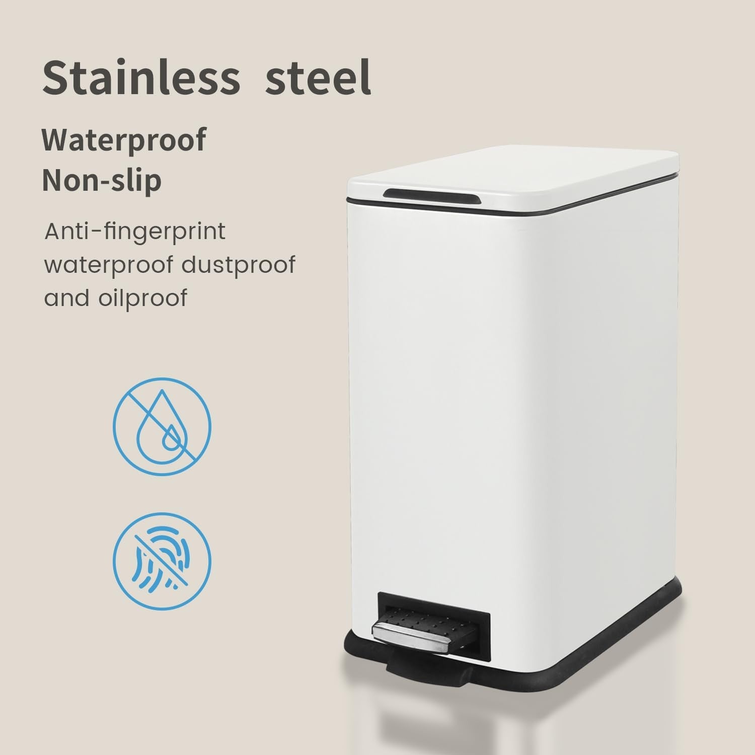 30L Slim White Pedal Bin Soft Close Stainless Steel Kitchen