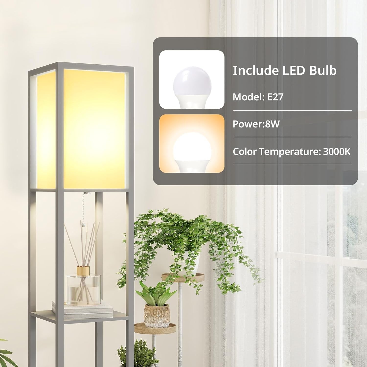 LED Floor Lamp with Shelves Storage Standing Light Dimmable E27 Modern Grey