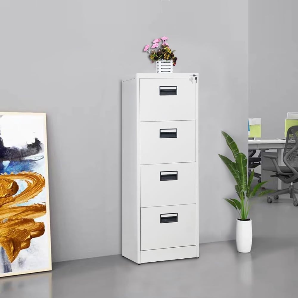 White Metal Filing Cabinet 4 Drawer Lockable 132cm Office Storage