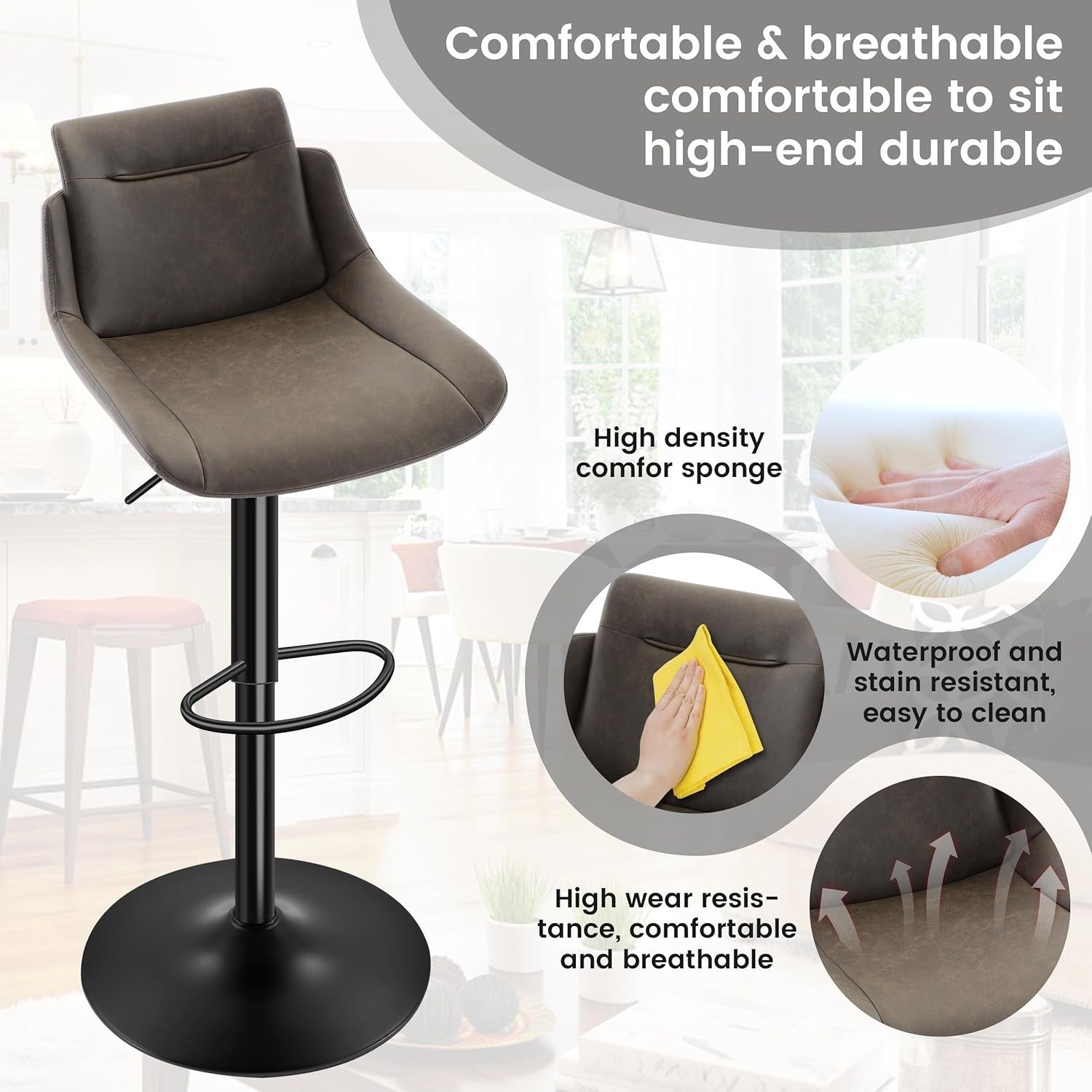Brown PU Leather Bar Stools Set of 2 – Adjustable Rotating Chairs