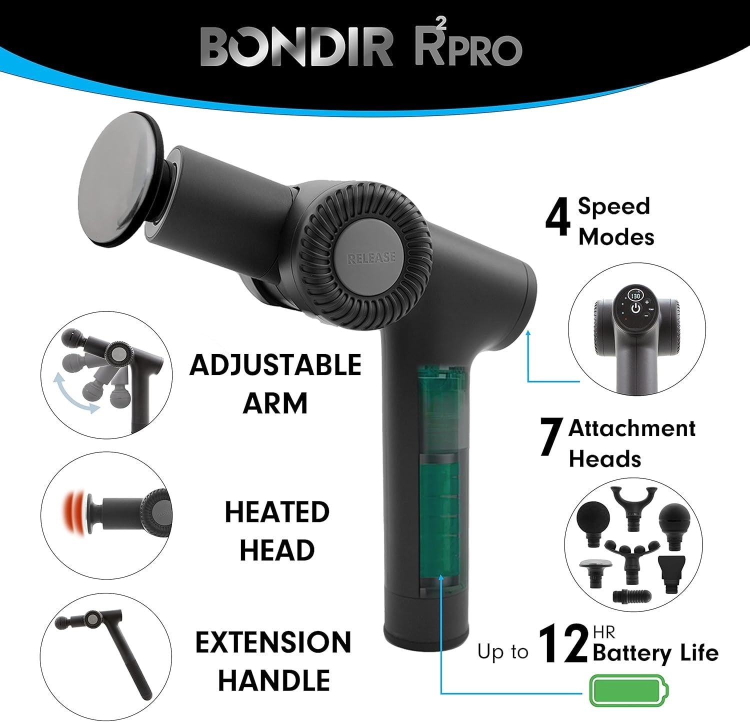 Heated Massage Gun Deep Tissue Back Massager Articulating Handle 7 Heads