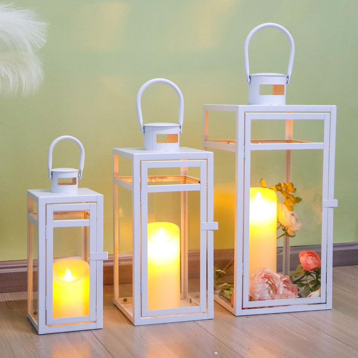 TRIROCKS Set of 3 White Metal Lanterns Outdoor Candle Holders