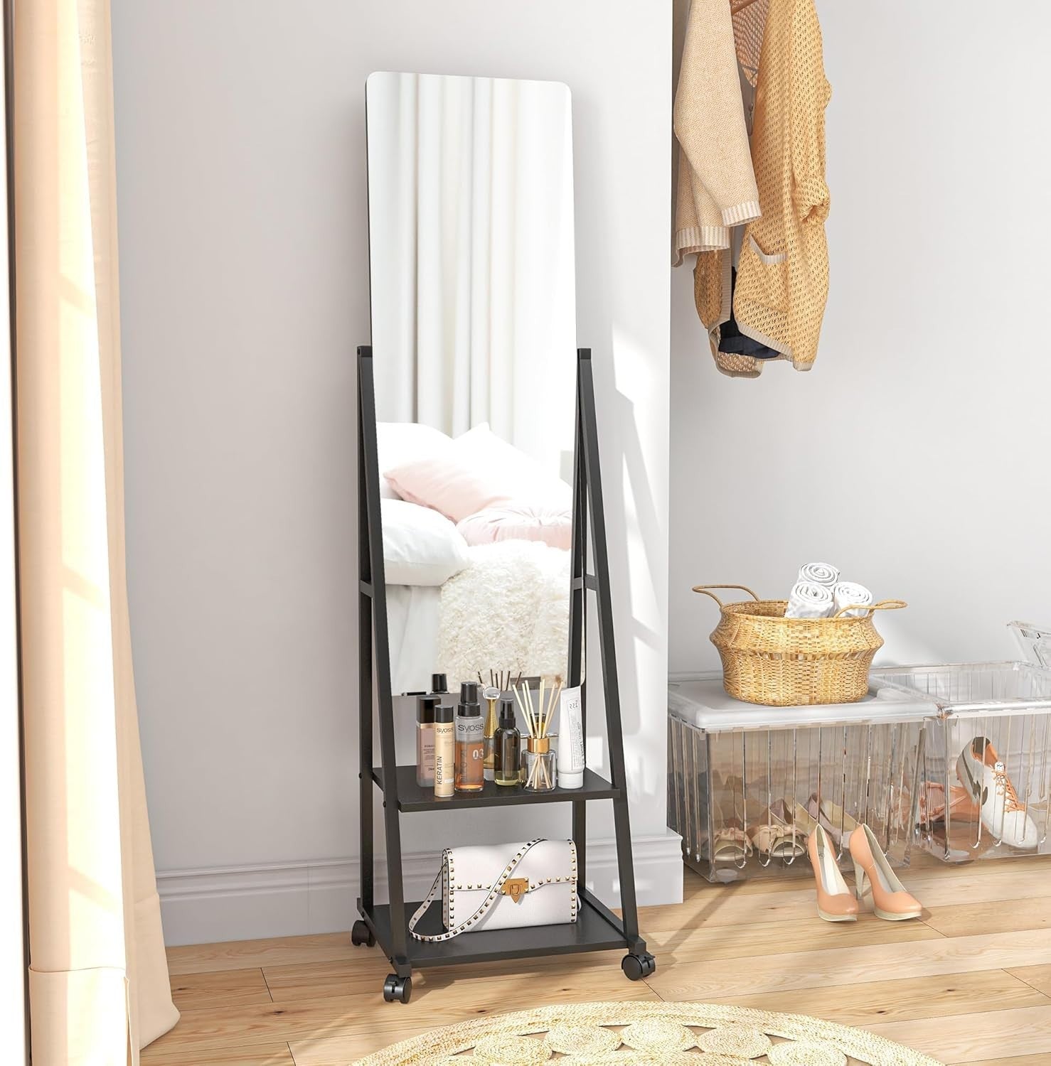 Full Length Adjustable Mirror on Wheels with Storage Shelves, 155cm