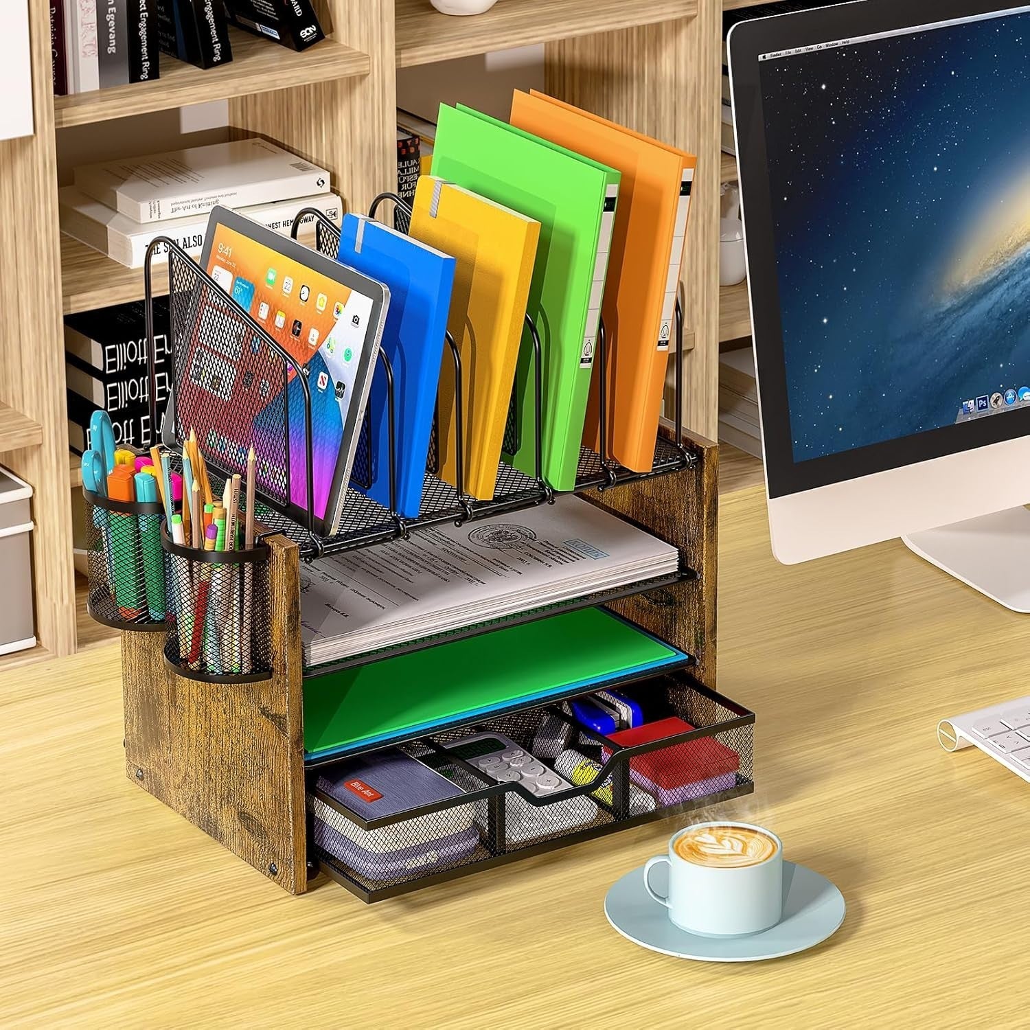 4 Tier Desk Organizer with Drawer Mesh File Organizer Pen Holders Office
