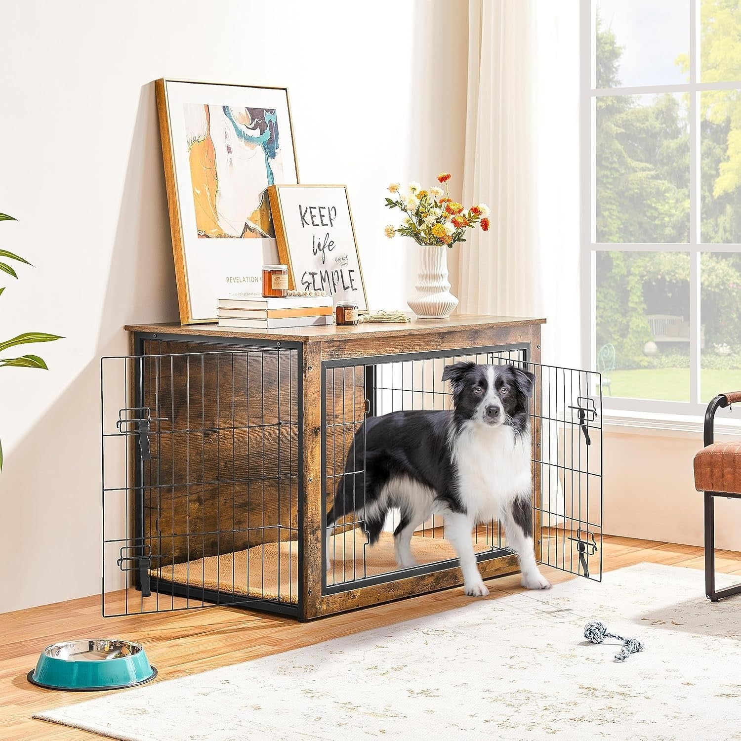 Large Rustic Brown Dog Crate Furniture with Cushion & Double Lock Doors 102x71x7