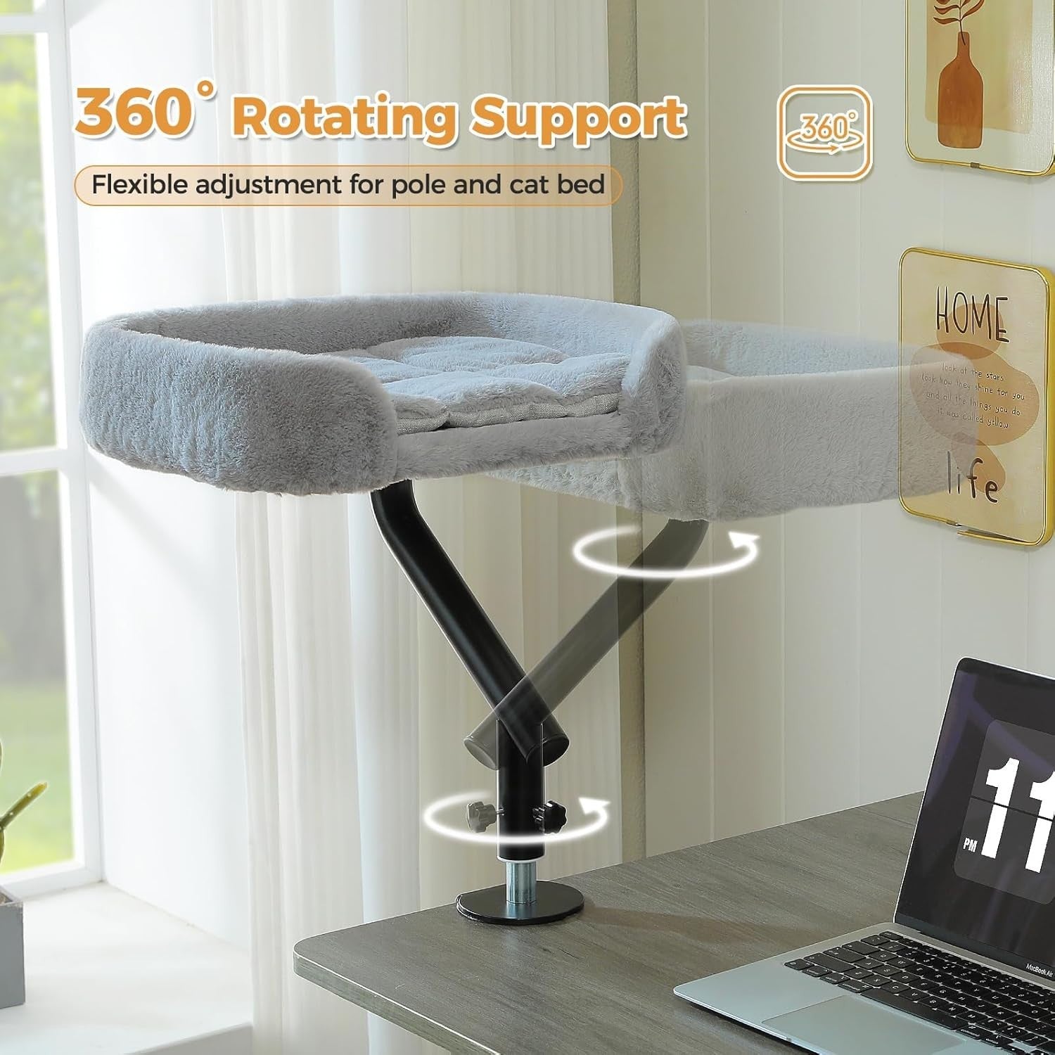 360 Rotating Desk Cat Bed Adjustable Cat Hammock Desktop Perch Grey
