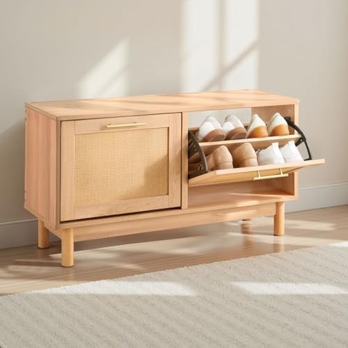 VEVOR Rattan Shoe Bench with Flip Drawers – 4-Compartment Storage Seat 100cm