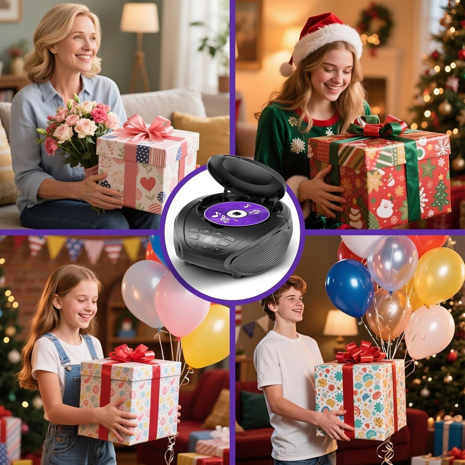 Portable CD Player Boombox Speakers FM Radio AUX Headphone Jack Black