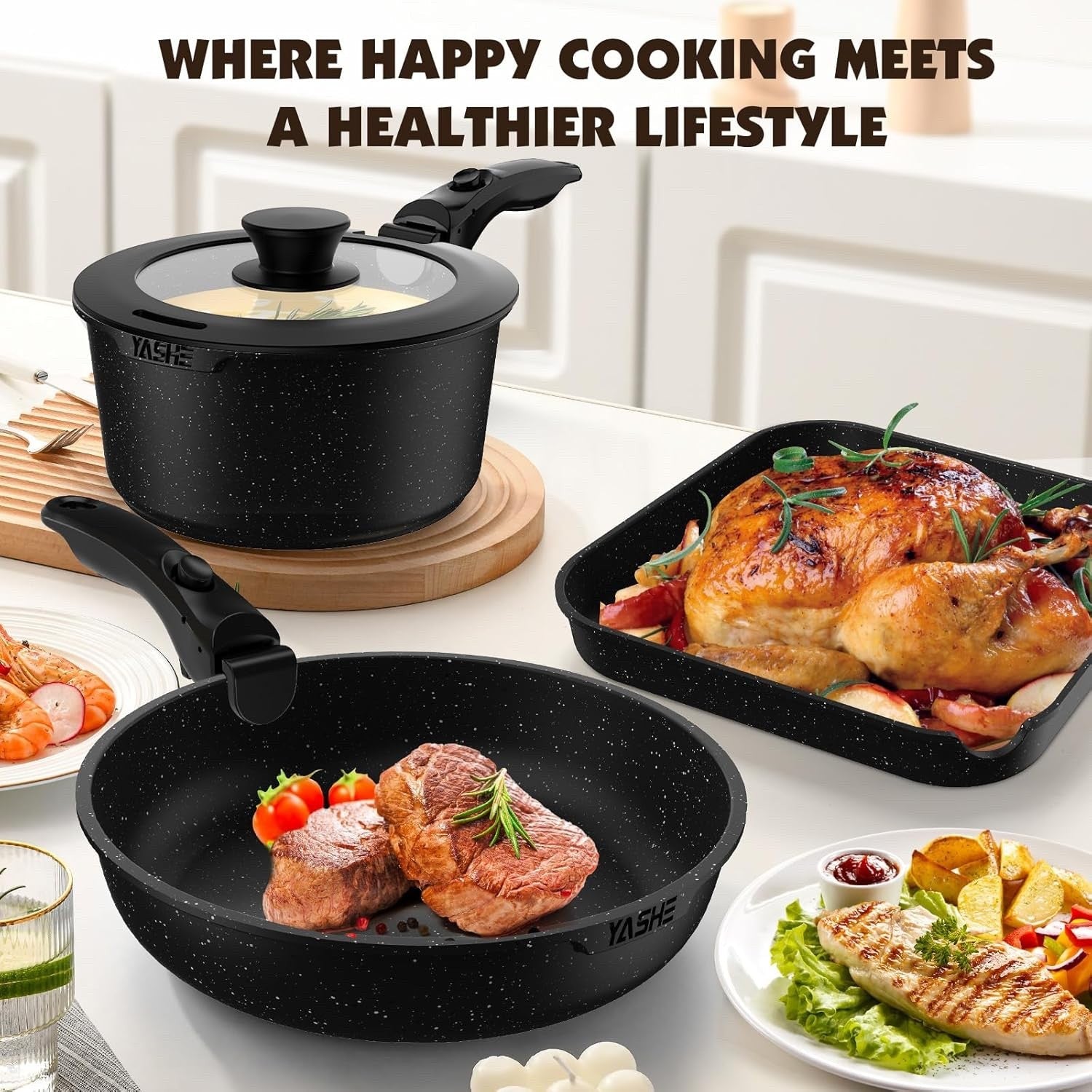 21pcs Grey Non Stick Cookware Set with Removable Handles – Induction, Oven Safe