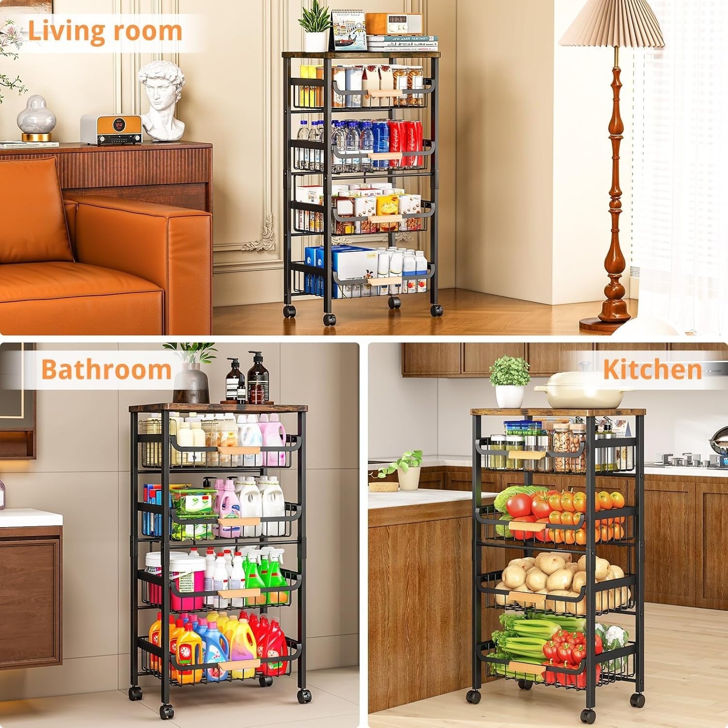 5 Tier Kitchen Trolley on Wheels Storage Rack Wood Top