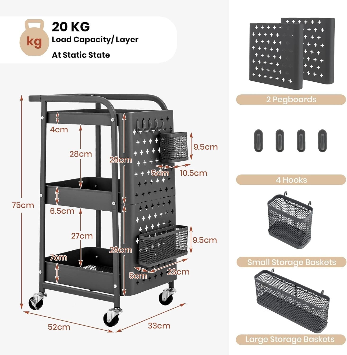 3 Tier Rolling Utility Cart Metal Storage Trolley Pegboard Organizer Grey