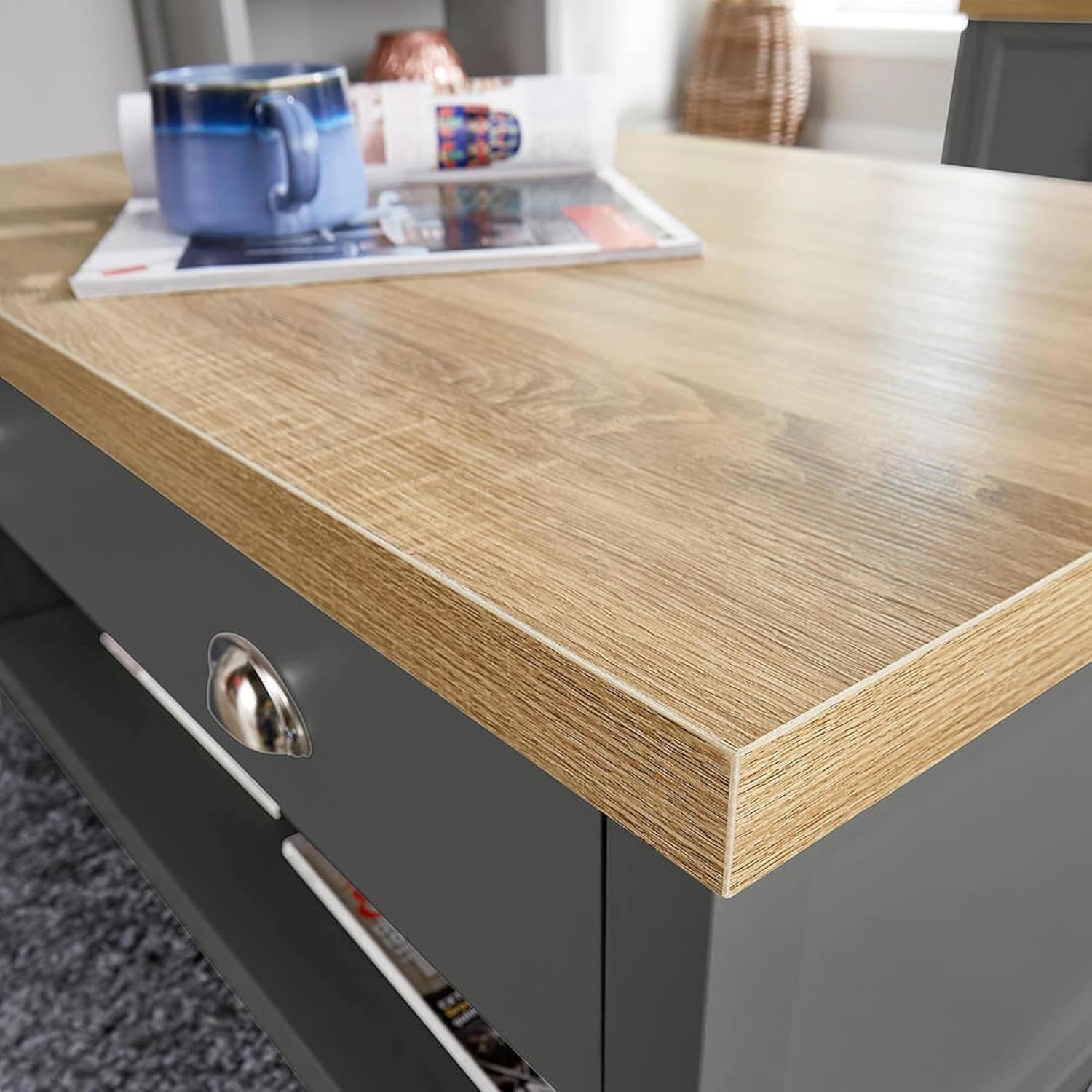 Modern Dark Grey Coffee Table with 2 Drawers Oak Effect 90x58x45cm Durable