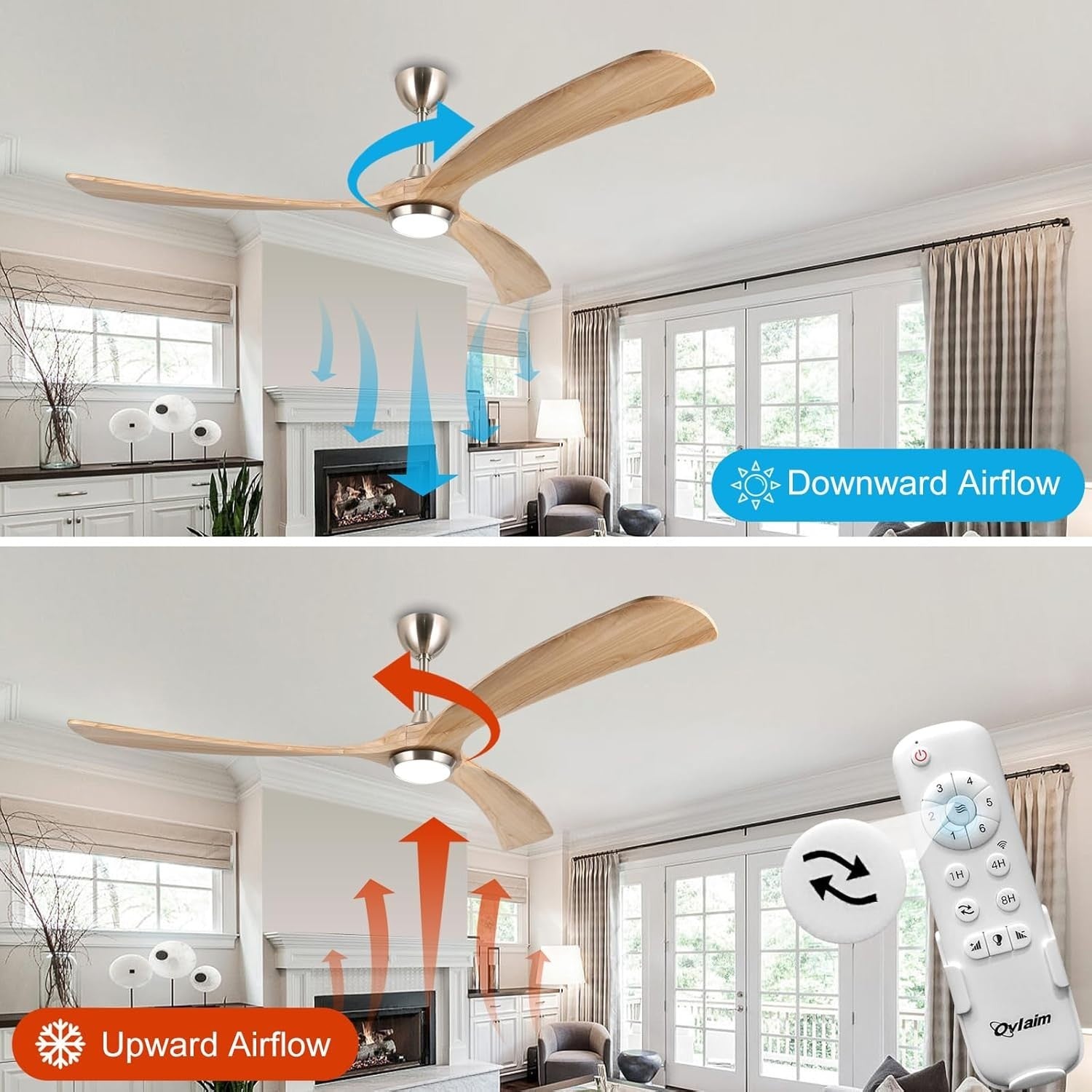 Ovlaim 183CM Smart WiFi Ceiling Fan with Light, 3 Wood Blades, Remote