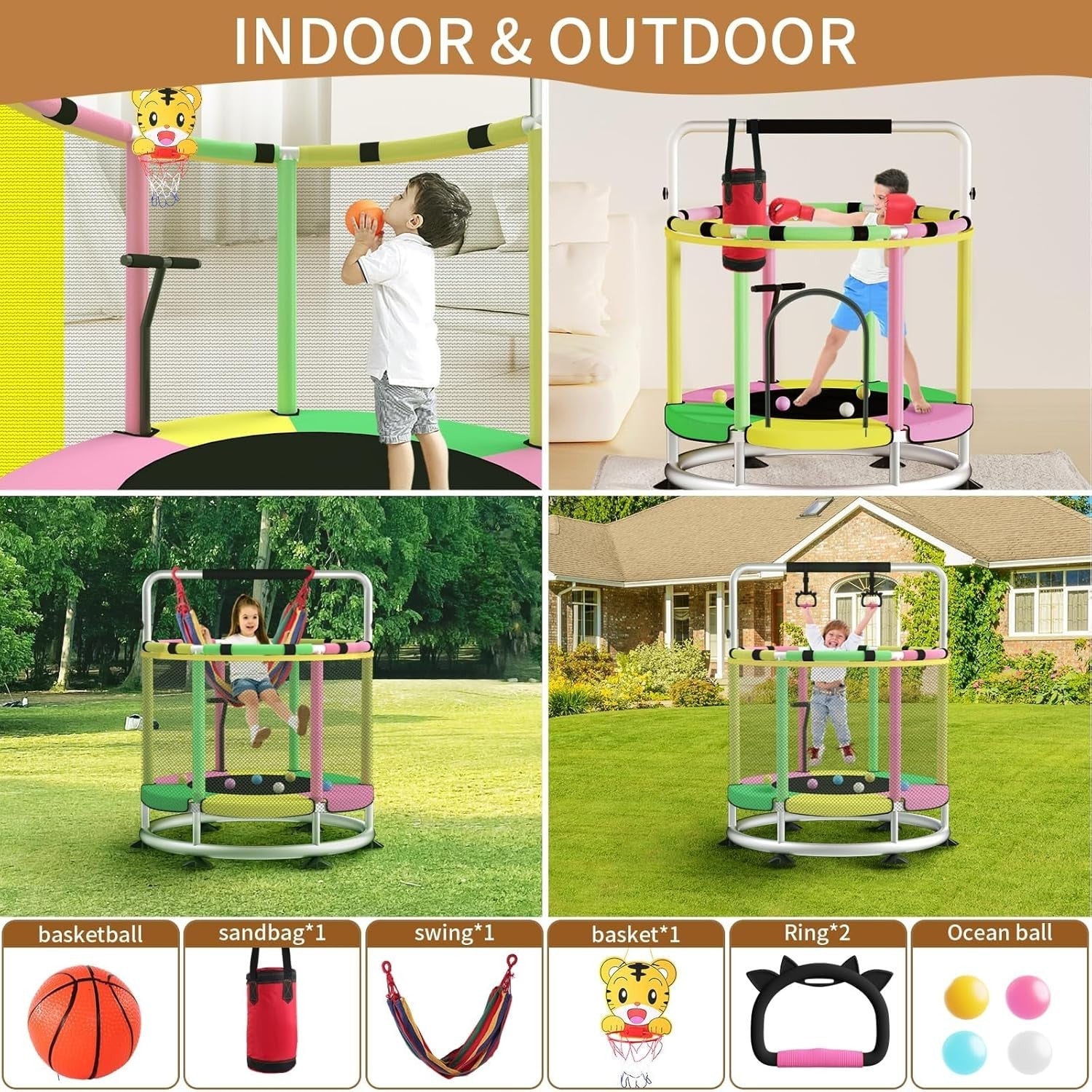 140cm Toddler Trampoline with Enclosure Gym Bar Toys Indoor Outdoor