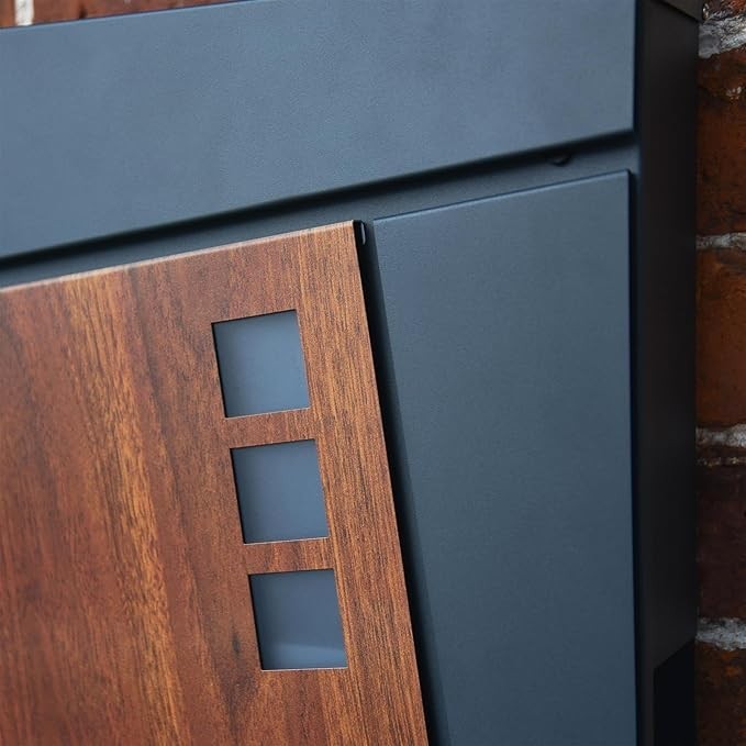 Modern Wall Mounted Post Box Grey Metal Lockable Secure Weatherproof Slim Design
