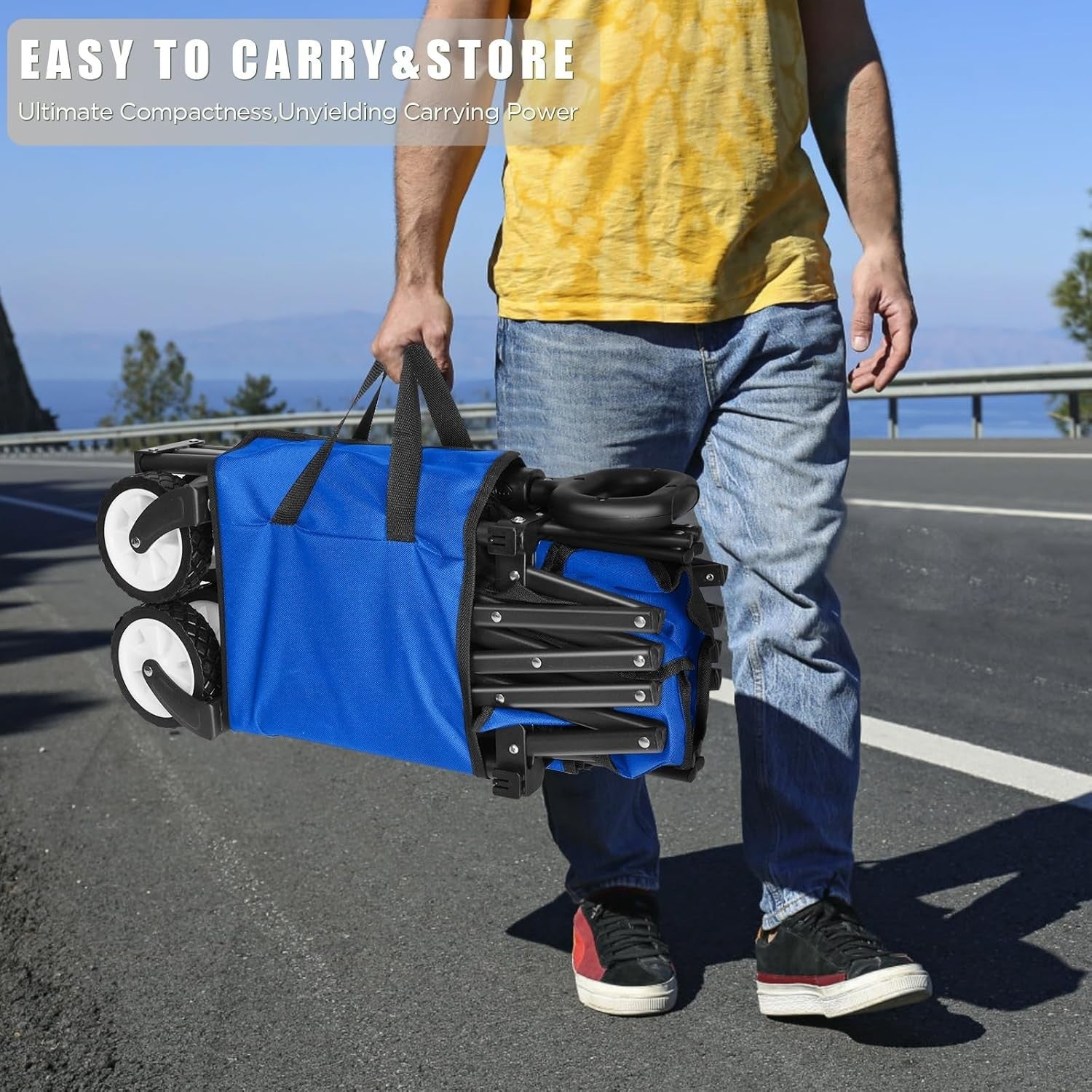 Blue Heavy Duty Folding Wagon 100L All-Terrain Garden Camping Beach Trolley