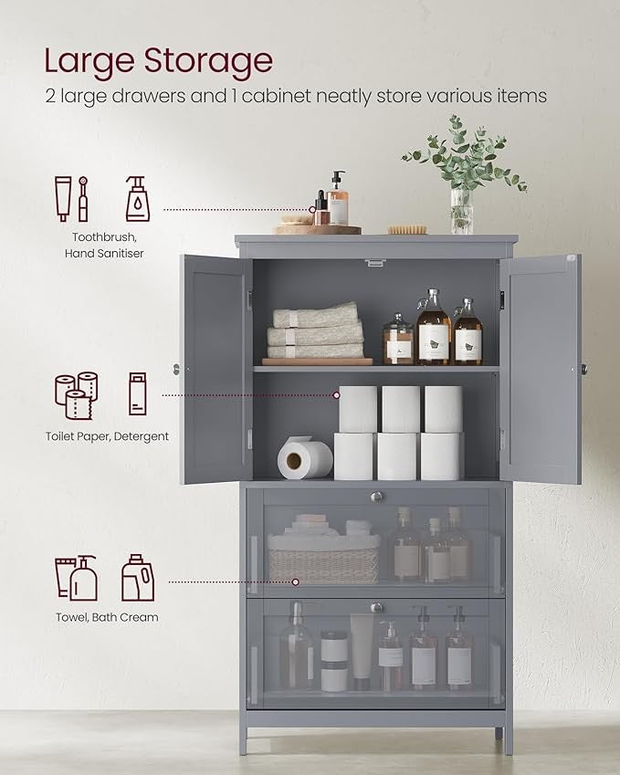 Tall Grey Bathroom Storage Cabinet with 2 Drawers & Double Doors – Adjustable