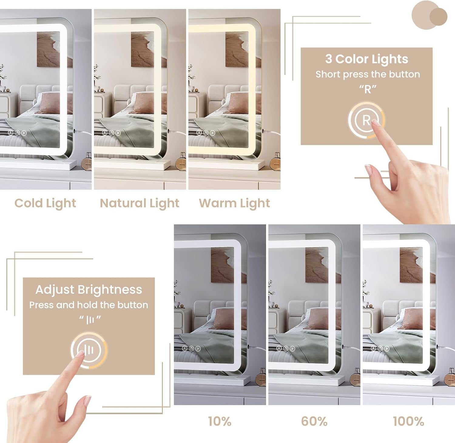 LED Vanity Mirror 50x40cm Wall/Tabletop Light Dimmable Touch 5X Magnifier