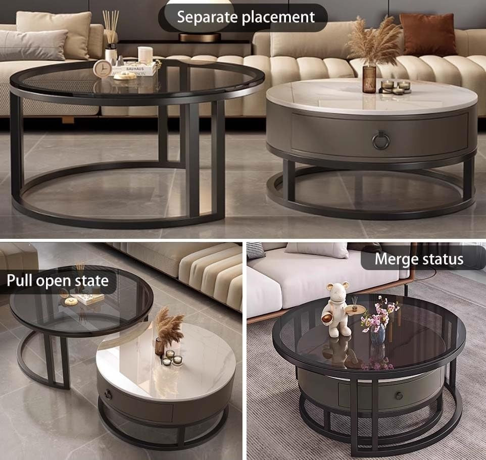 Nesting Coffee Table Set of 2 – Round Storage Tables with Metal Frame