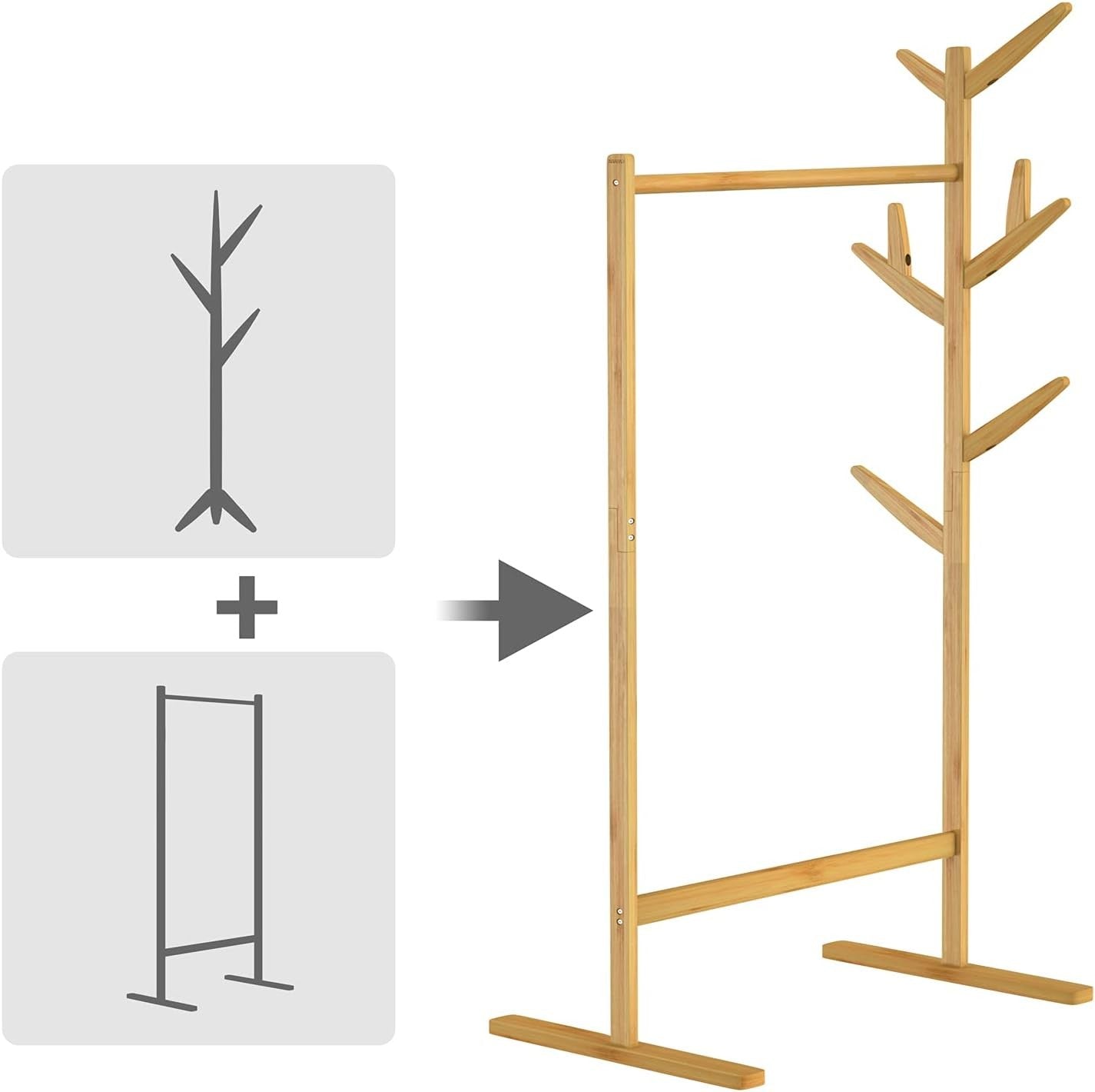 2-in-1 Wooden Bamboo Coat Rack Stand 8 Hooks Freestanding Hallway Hanger