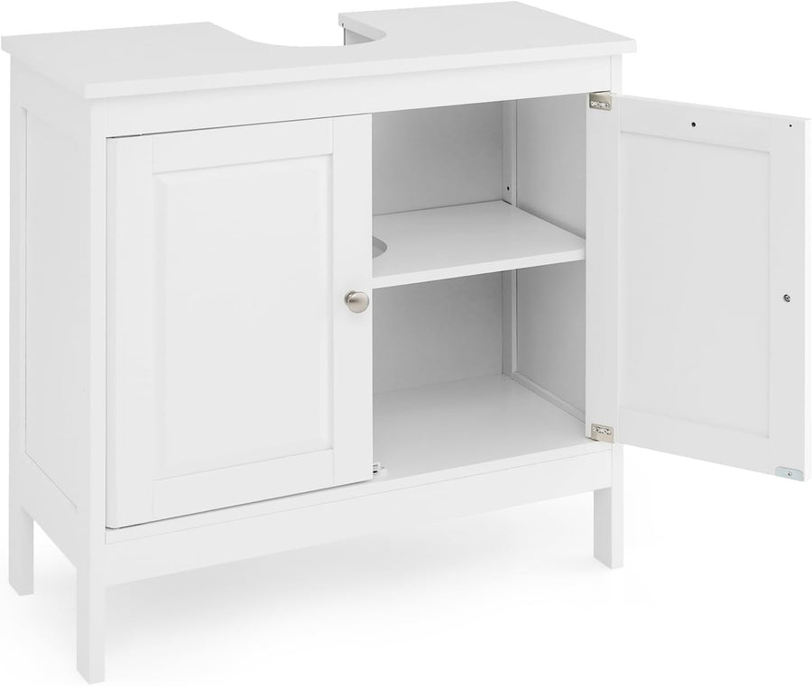 White Under Sink Bathroom Cabinet with Shelf & Long Legs – Freestanding Unit