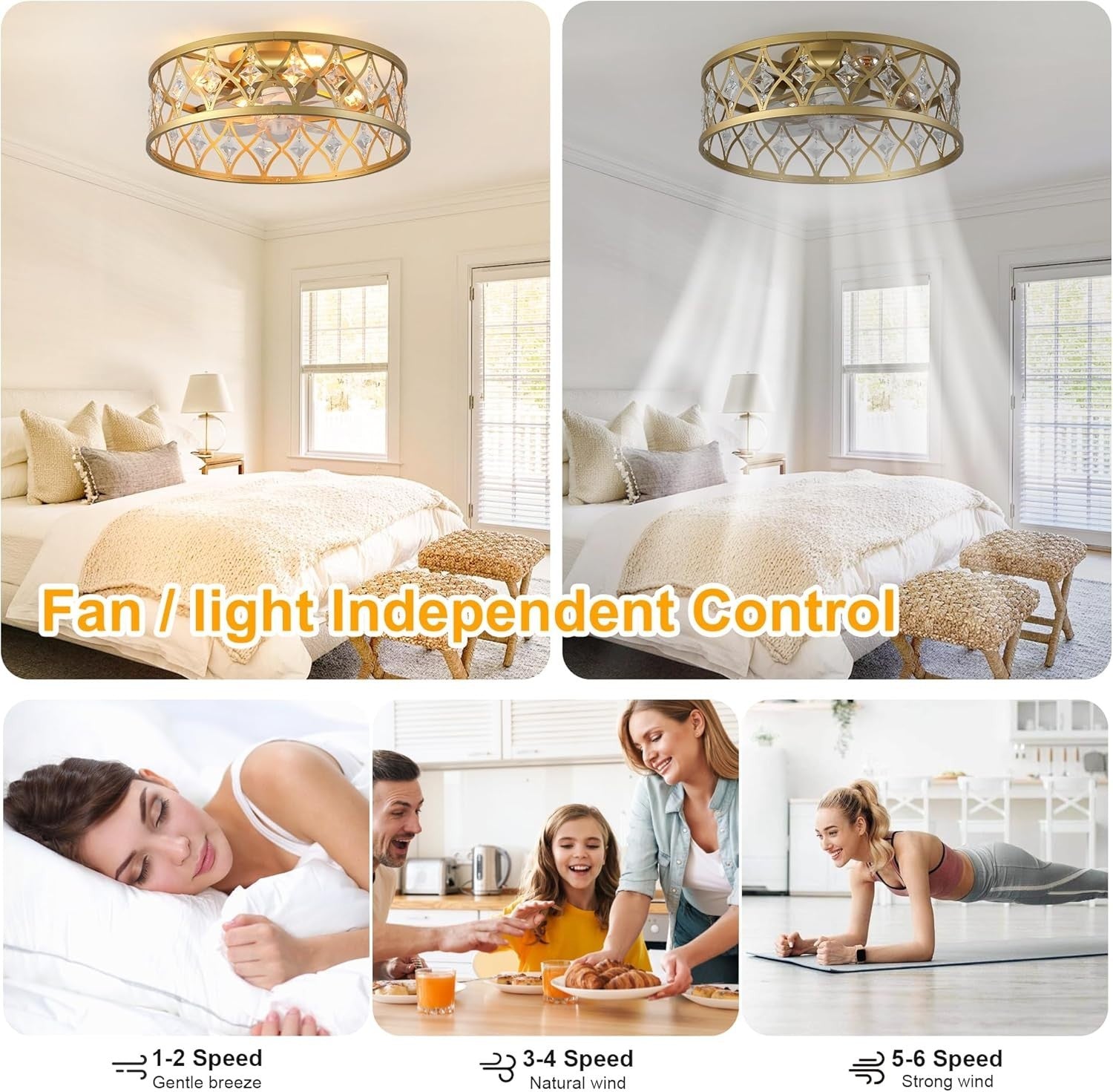 20" Caged Ceiling Fan Light, Crystal, Gold, 4 Lights, Remote