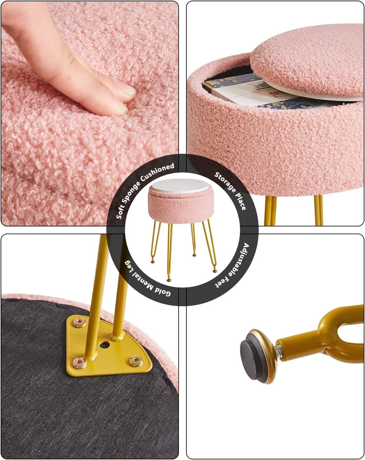 Pink Teddy Velvet Storage Footrest Stool – Vanity Seat with Golden Steel Legs