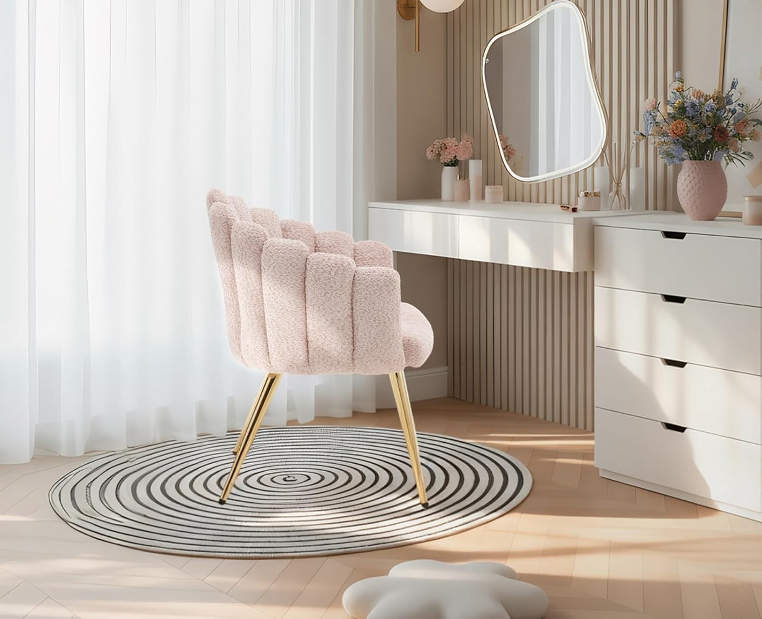 Pink Fabric Accent Armchair with Gold Legs – Modern Finger-Back Lounge Chair