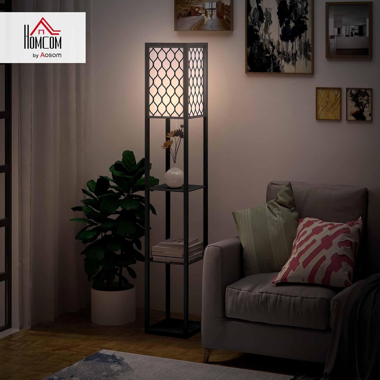 Floor Lamp with Shelves Tall Standing Light Fabric Shade Storage