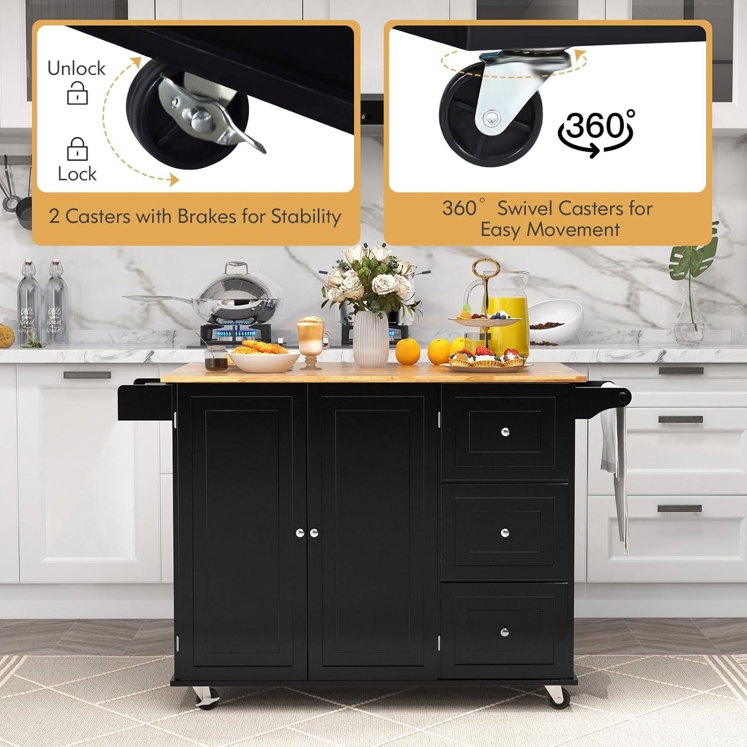 Rolling Kitchen Island Cart with Extendable Tabletop & Adjustable Storage