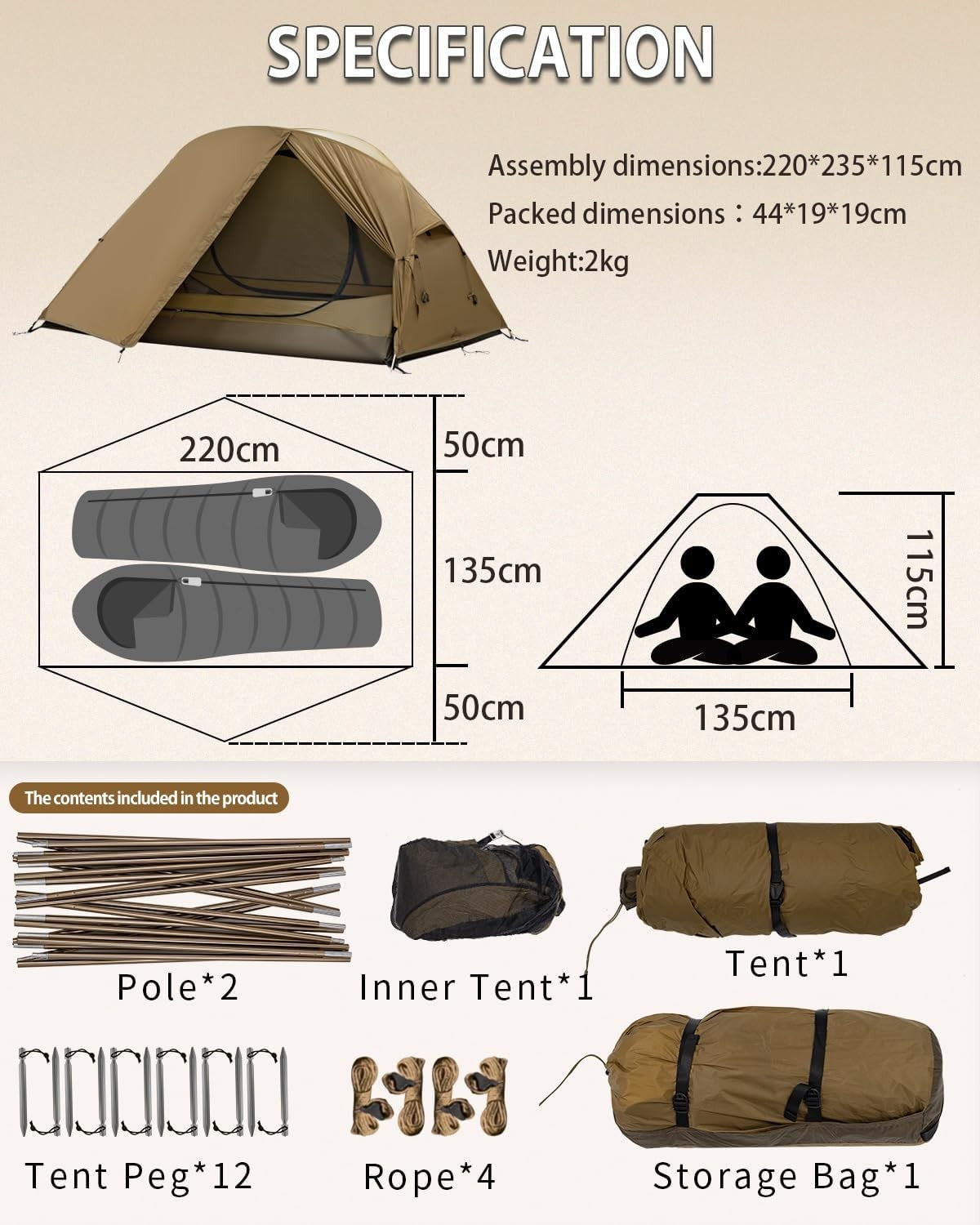 Ultralight 1-2 Person Backpacking Tent 4 Season Waterproof