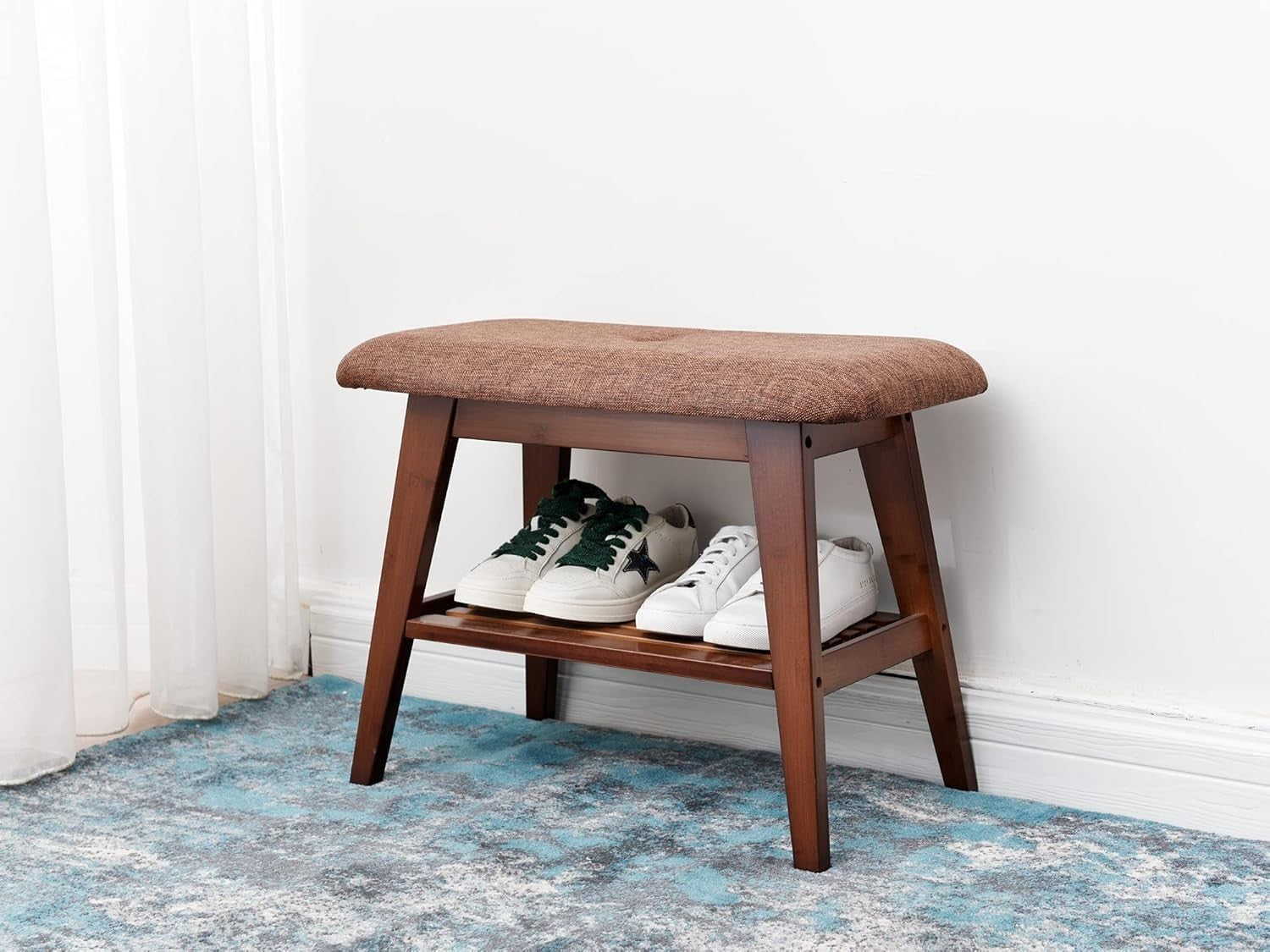 Durable Bamboo Shoe Bench with Cushion & 2-Tier Storage Rack 60cm Brown
