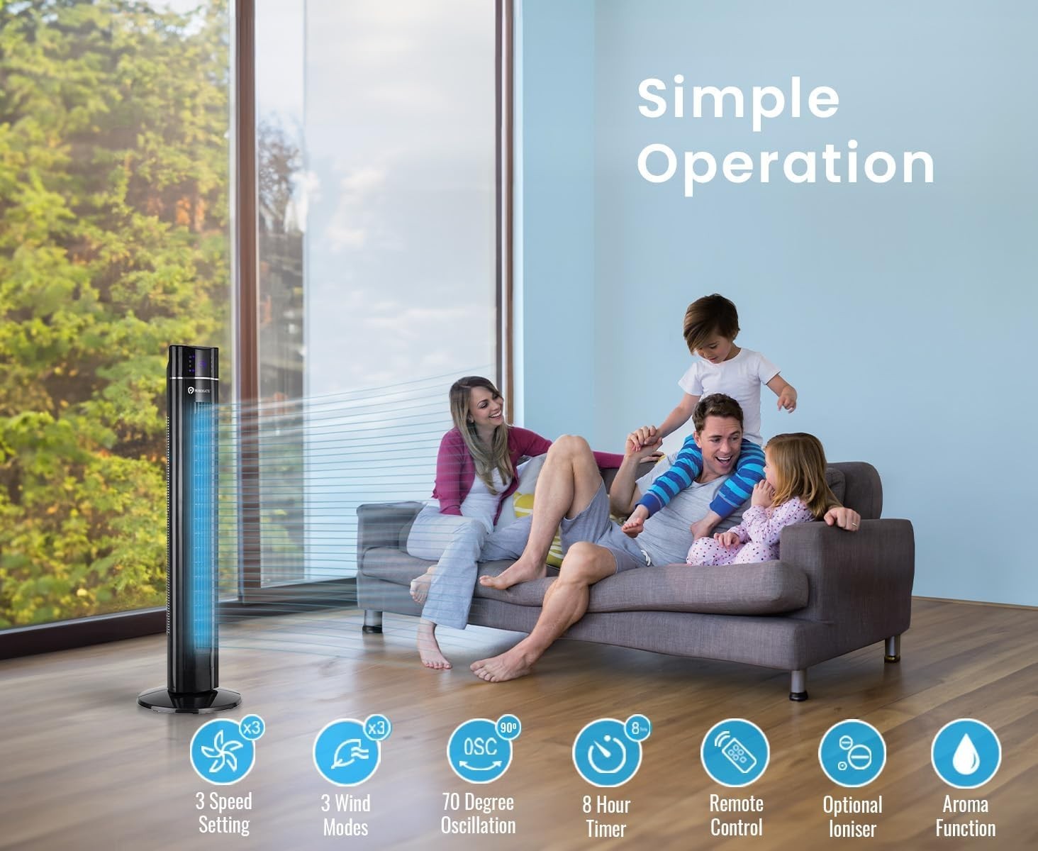 43" Bladeless Tower Fan with Remote Air Purifier Aroma 3-Speed Oscillating Quiet