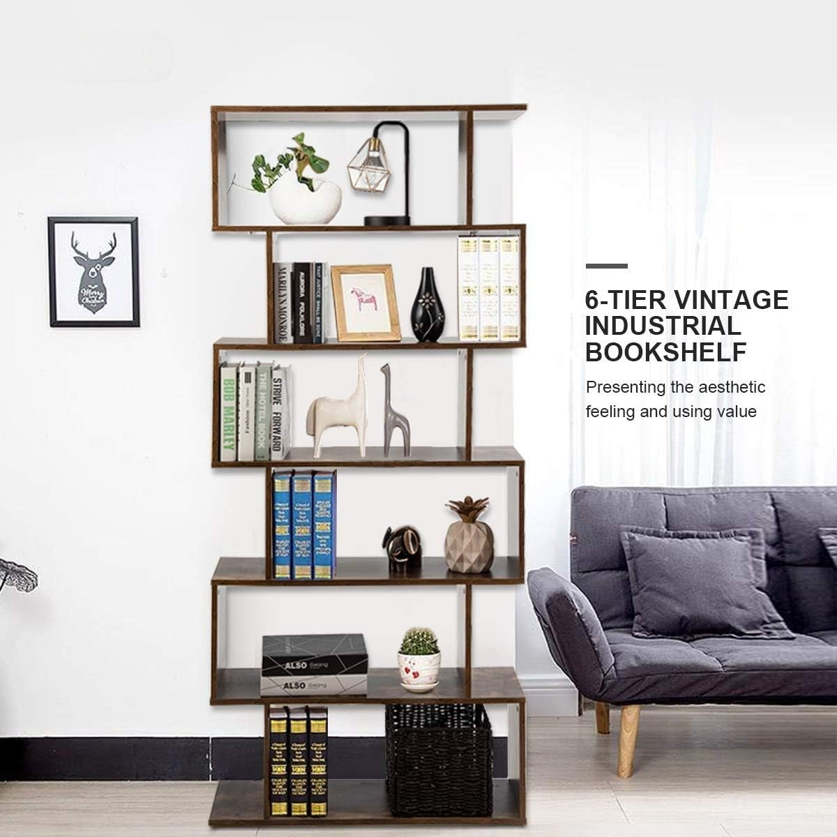 S Shaped 6 Tier Wooden Bookcase Freestanding Display Storage Shelf Rustic Brown