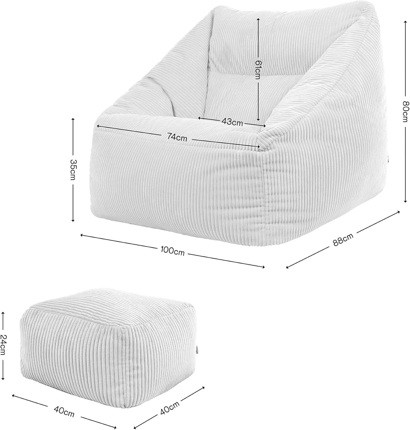 Grey Cord Bean Bag Chair with Footstool Lounge Sofa Adult Seat Filled