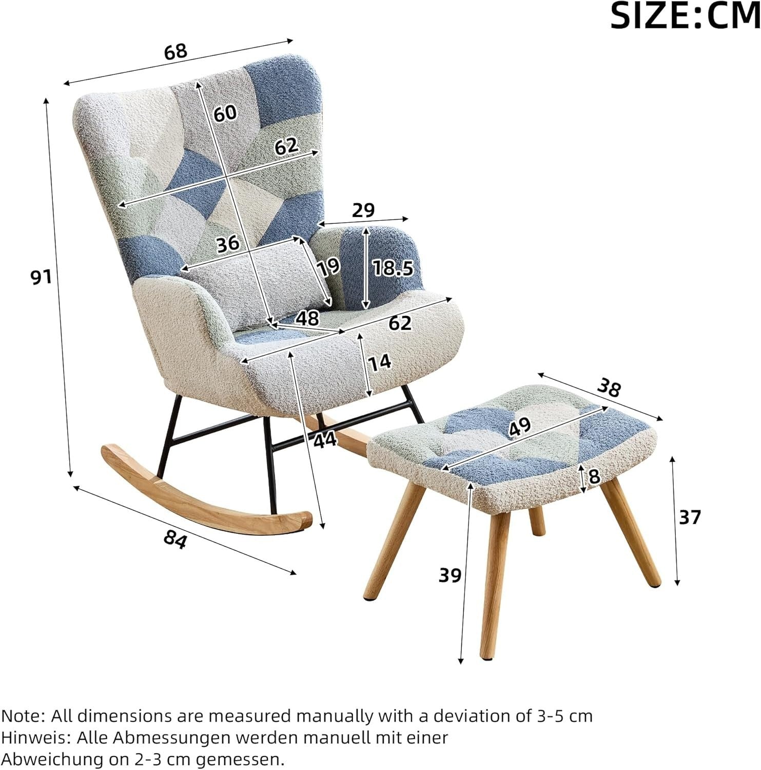 Nursery Rocking Chair w/ Footstool, High Back, Soft Foam Seat, Wood Legs