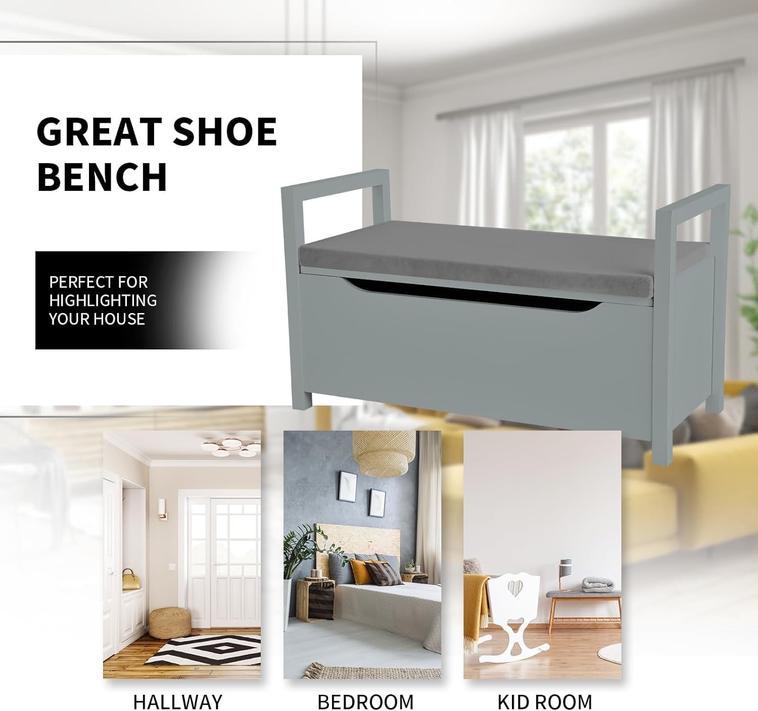 Grey Shoe Bench with Flip-Up Seat & Hidden Storage Hallway Chest 86x38x49cm