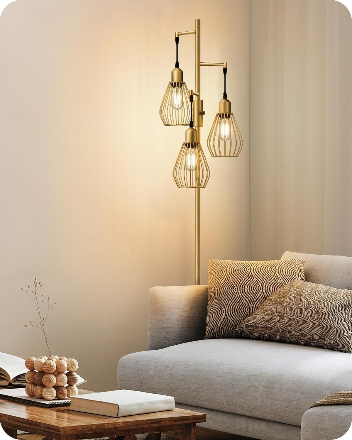 Dimmable Industrial Floor Lamp with Wire Cage Shades & 3 LED Bulbs Gold