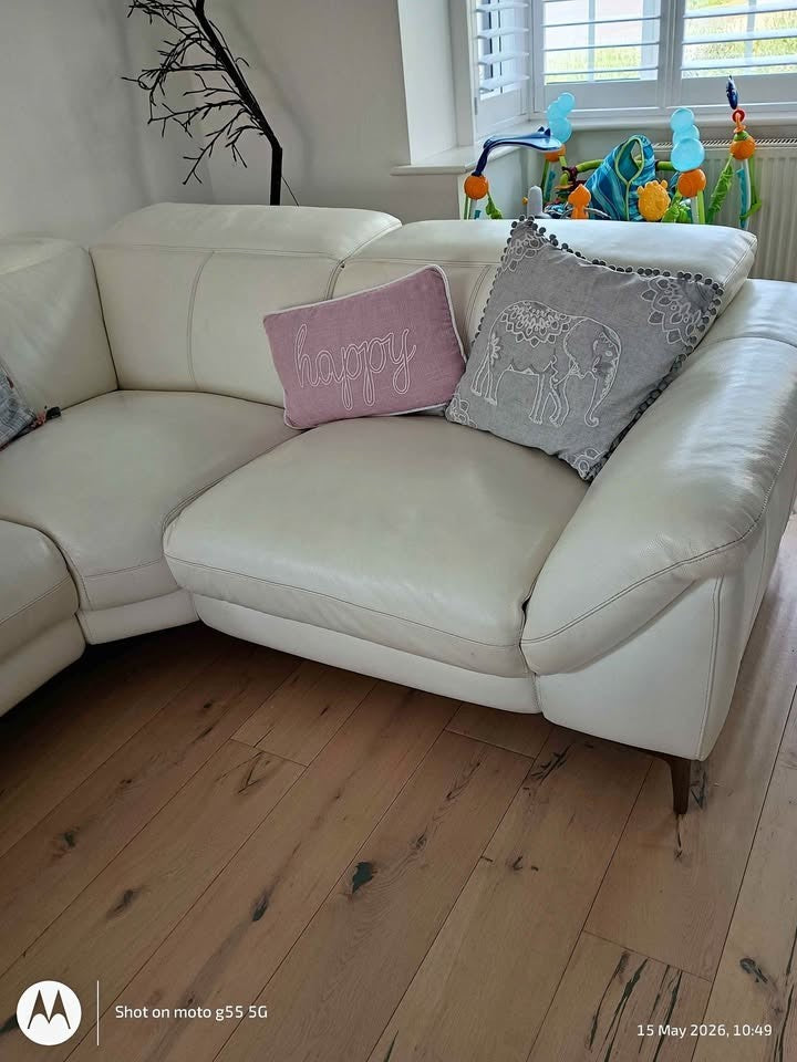 Ivory White Leather Corner Sofa Recliner (PTP)