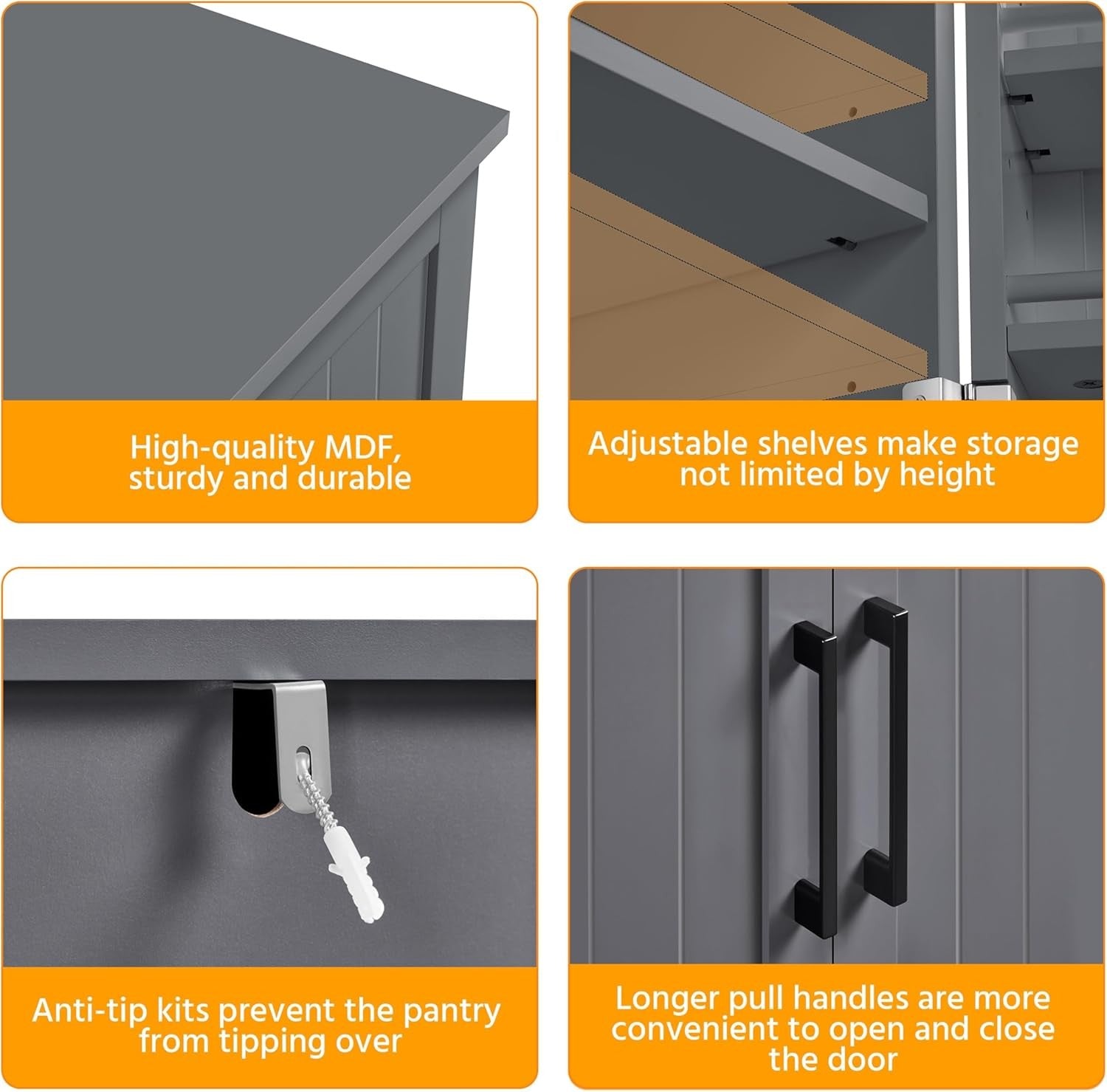 Dark Grey Kitchen Cupboard 6 Shelf Wooden Pantry Storage Cabinet Unit