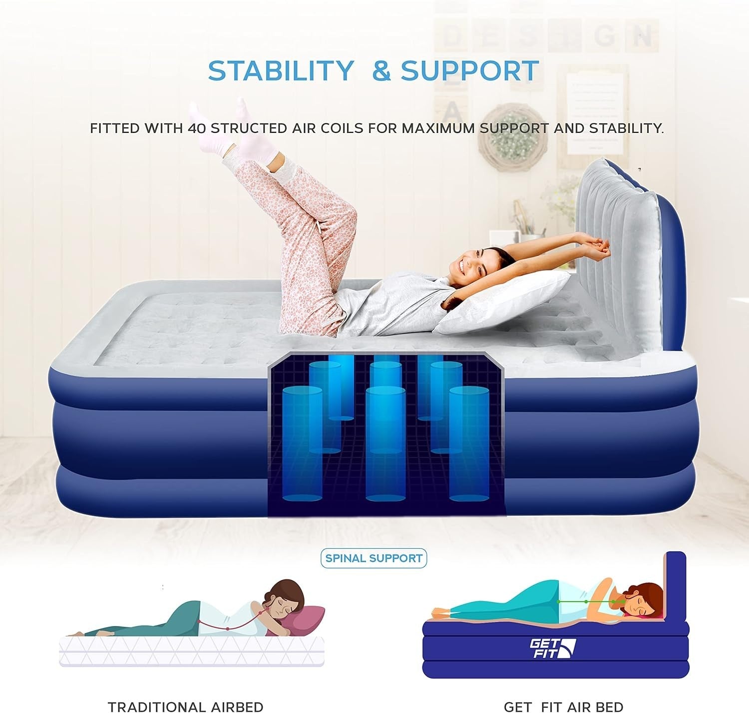Double Electric Air Bed with Headboard & Inflatable Pillows – Quick Inflate, Out