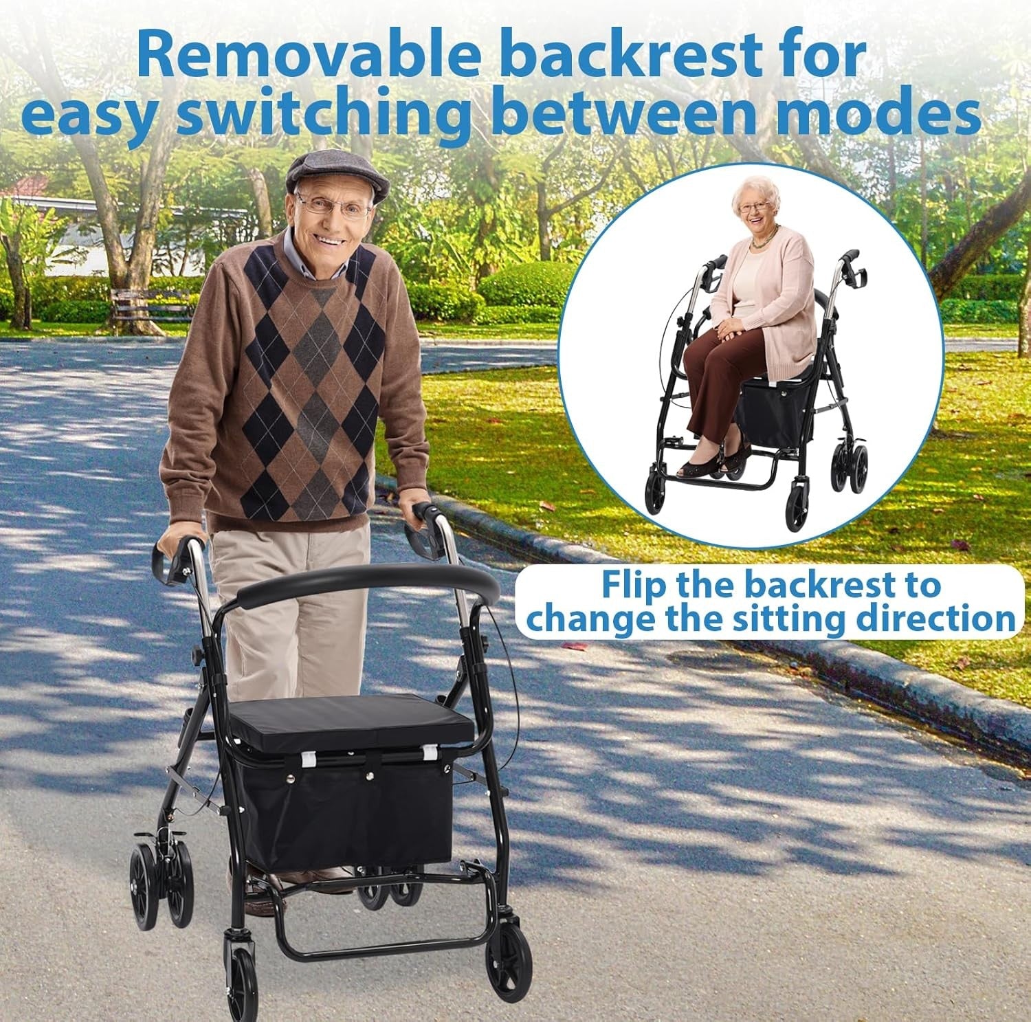 Lightweight Folding Rollator Walker with Seat 6 Wheels Lockable Brakes