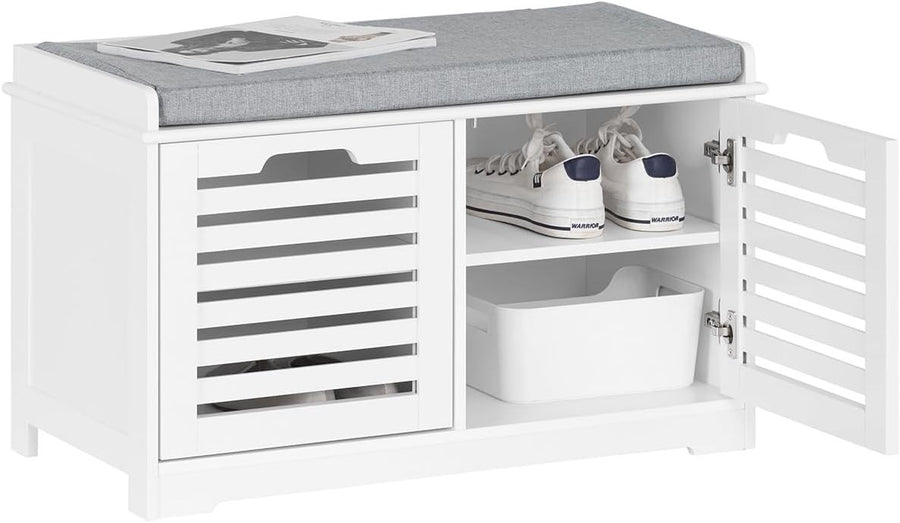White Shoe Storage Bench with Cushion | 2 Door Hallway Seat Cabinet Unit