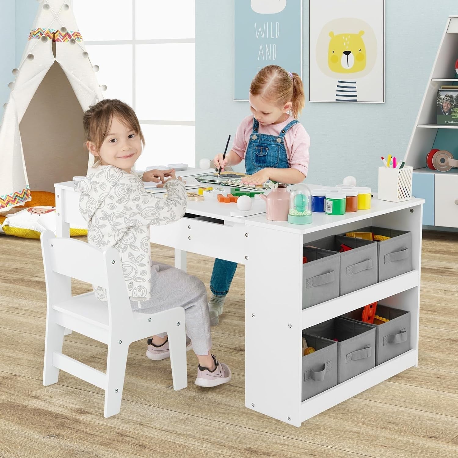 Kids Art Table and Chair Set with Storage Bins & Easel Desk White 5 Cups